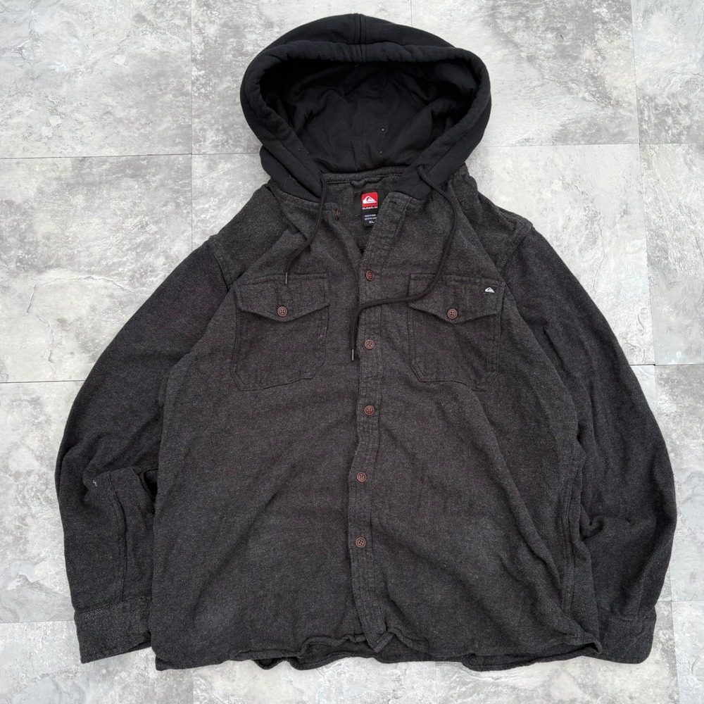 Quiksilver Mens XL Hooded Flannel Shirt Charcoal Gray Button Up Hoodie Jacket